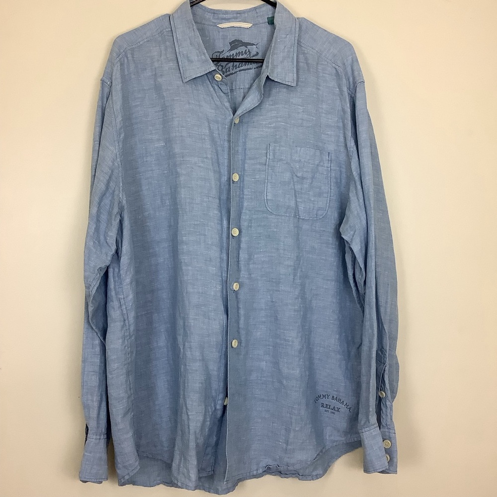 Tommy Bahama Shirt Men’s XL Blue Chambray 100% Linen Button Up Relax Beach